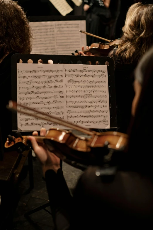 a group of people that are holding musical instruments, an album cover, by Jakob Emanuel Handmann, unsplash, sheet music, close-up shot taken from behind, violin, concert