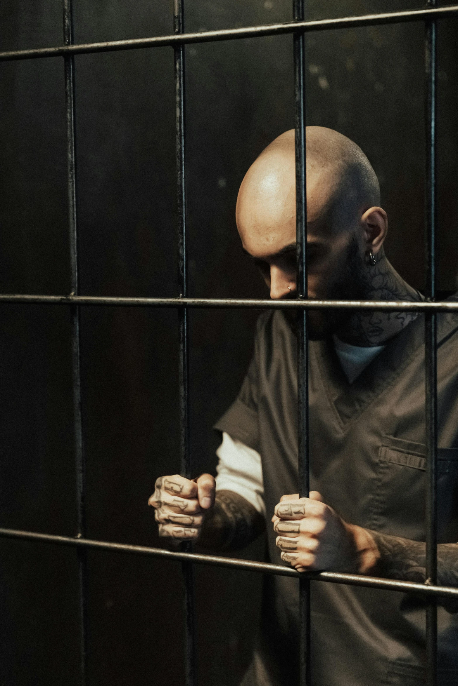 a man standing behind bars in a jail cell, a portrait, inspired by James Bolivar Manson, shutterstock, lil peep, bald, praying, handcuffs