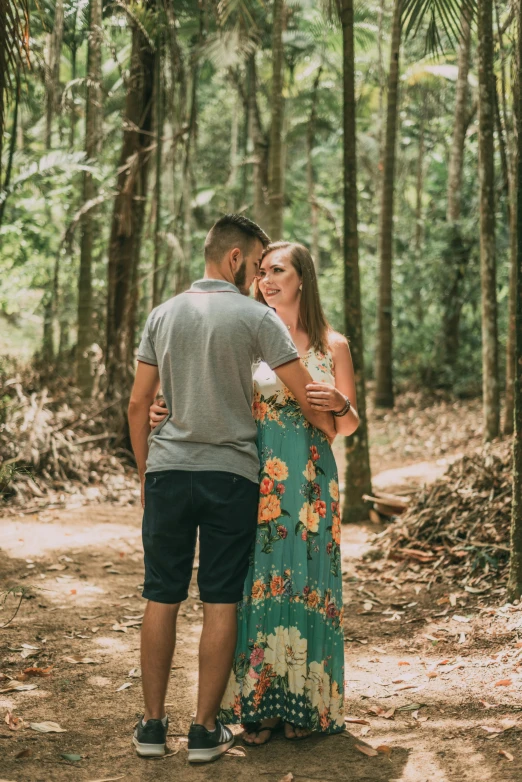 a man and woman standing next to each other in the woods, a picture, pexels contest winner, puerto rico, well shaded, lovers, wide full body