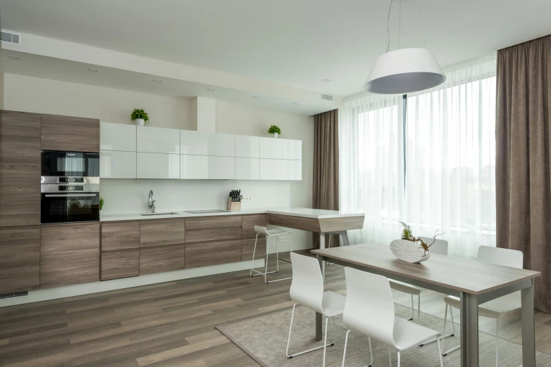 the kitchen is clean and ready for us to use, inspired by Michael Gustavius Payne, unsplash, light and space, neo kyiv, fancy apartment, floor - to - ceiling windows, gradient brown to white