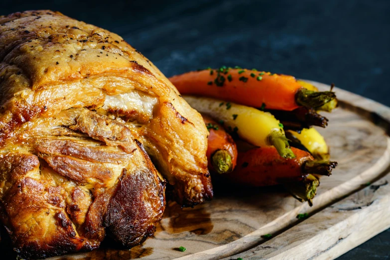 a piece of meat sitting on top of a wooden cutting board, by Tom Bonson, unsplash, renaissance, chicken, multicoloured, stuffed, 15081959 21121991 01012000 4k