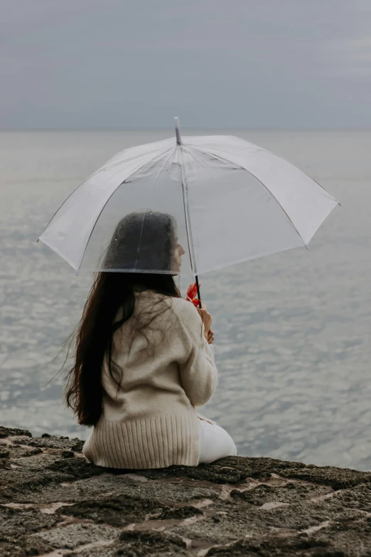 a woman sitting on a rock holding an umbrella, inspired by Wilhelm Hammershøi, pexels contest winner, on ocean, thoughtful expression, protection, silver lining