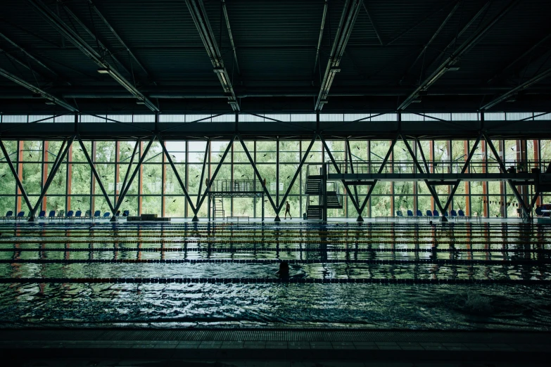 an indoor swimming pool filled with lots of water, inspired by Elsa Bleda, unsplash contest winner, local gym, thumbnail, from the distance, utrecht