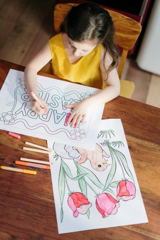 a little girl that is sitting at a table, a child's drawing, clean coloring book page, ariel view, tulip, colour print