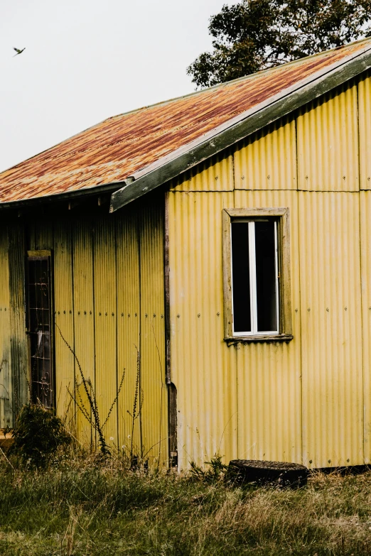 a yellow building sitting in the middle of a field, an album cover, unsplash, rusty metal walls, cottages, “ iron bark, shack close up