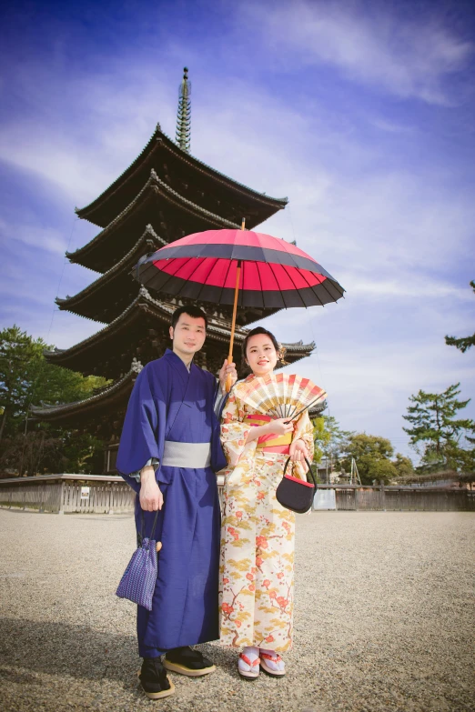 a man and a woman standing in front of a pagoda, holding a umbrella, yukata clothing, slide show, brown