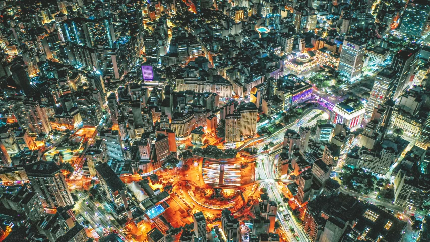 an aerial view of a city at night, unsplash contest winner, visual art, japan. volumetric lighting, full frame image, taiwan, colorful kitsune city