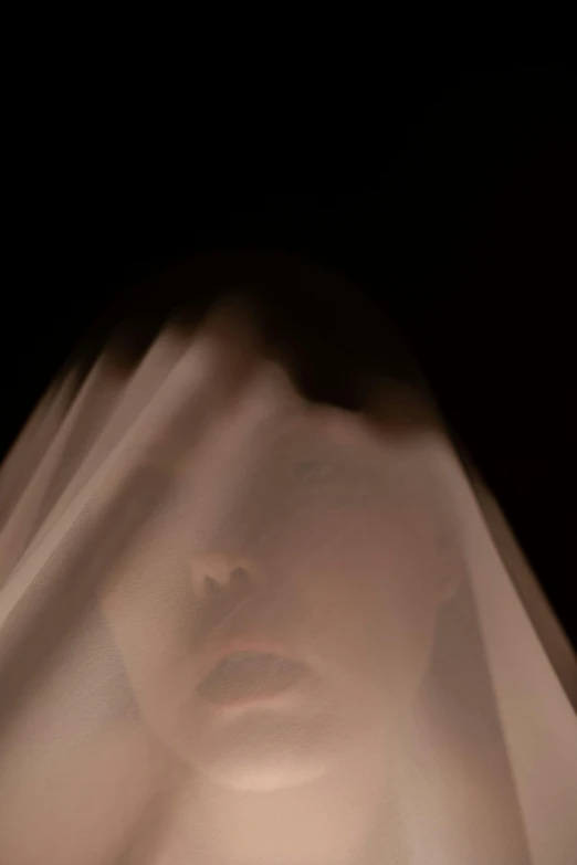 a woman with a veil covering her face, a picture, inspired by Anna Füssli, still from a music video, promo image, spirits covered in drapery, close - up photograph