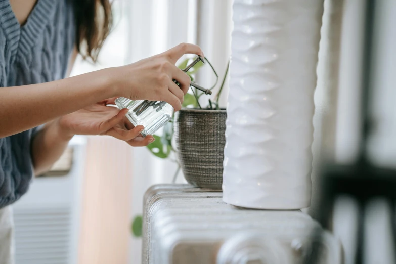 a woman watering a potted plant on a table, trending on pexels, carrying a bottle of perfume, detail shot, holding a tin can, carefully crafted