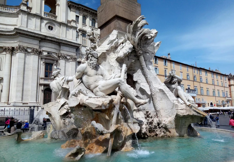 a fountain with a statue on top of it, by Gian Lorenzo Bernini, pexels contest winner, neoclassicism, avatar image, square, panorama, gooey skin