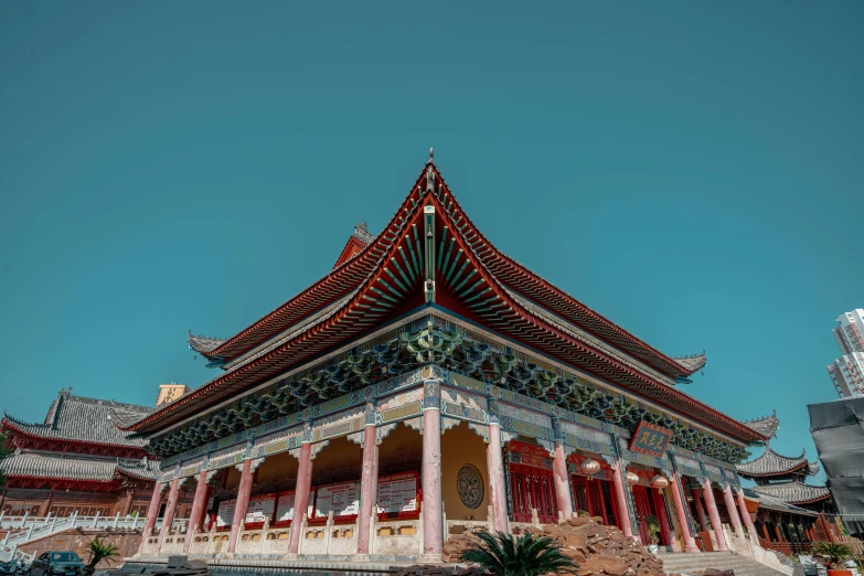 a red and white building with a blue sky in the background, pexels contest winner, cloisonnism, mysterious temple setting, avatar image, anaglyph lighting, chinese architecture