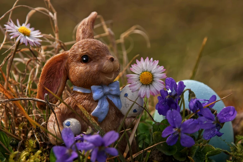 a close up of a stuffed rabbit in a field of flowers, pixabay contest winner, wizard examining eggs, paul barson, chocolate, avatar image