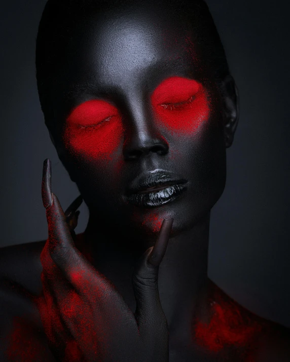 a woman with red lights on her face, inspired by Hedi Xandt, afrofuturism, black on red, dark photo