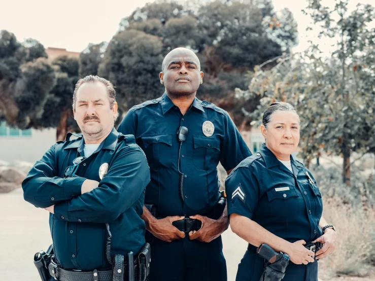 three police officers standing next to each other, a photo, unsplash, renaissance, avatar image, california, portrait shot 8 k, 🚿🗝📝