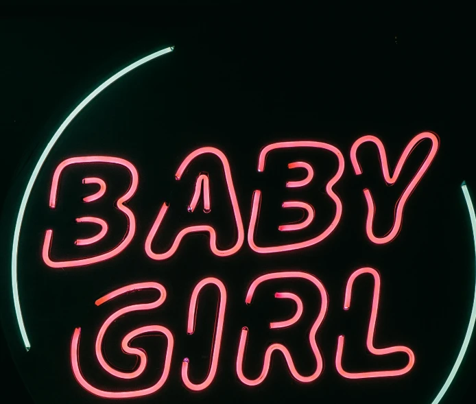 a neon sign that says baby girl in a circle, an album cover, pixabay, 🤤 girl portrait, fertility, taken in night club, birth