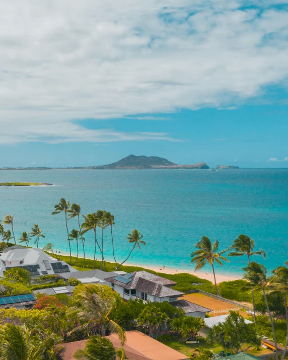 an aerial view of a beach with palm trees, volcanoes in the background, beachfront mansion, plumeria, zoomed out