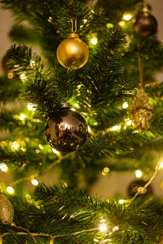 a close up of a christmas tree with ornaments, a portrait, inspired by Ernest William Christmas, pexels, gold dappled lighting, uplit, cosy, medium detail