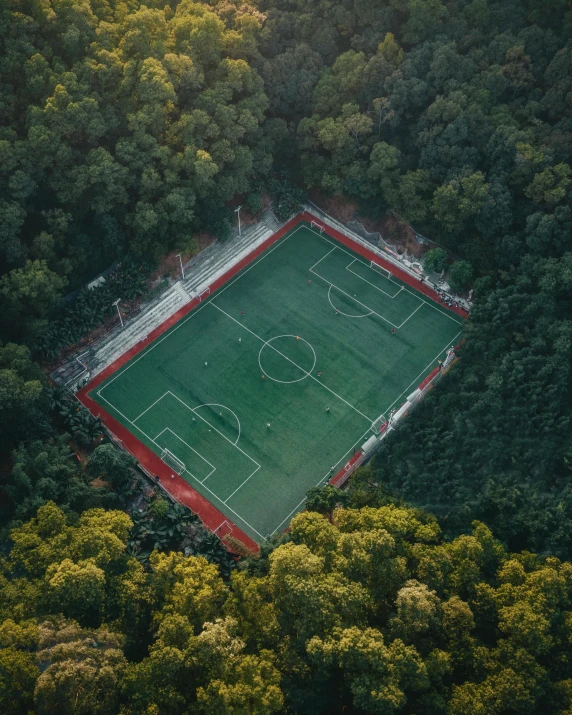 an aerial view of a soccer field surrounded by trees, unsplash contest winner, color field, lgbtq, instagram story, private school, square