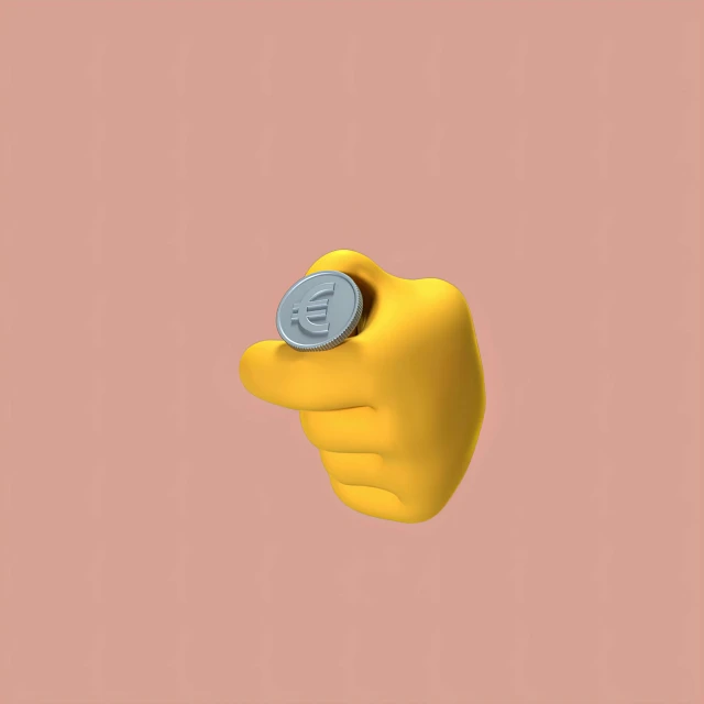 a hand holding a coin on top of a pink background, by jeonseok lee, conceptual art, minion giving a thumbs up, mono-yellow, 3 d material, emergency