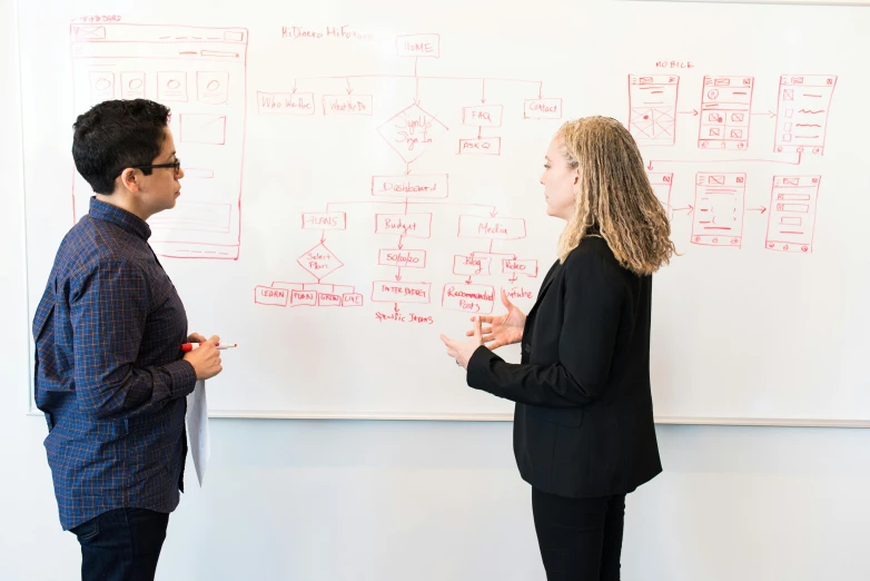 a man and a woman standing in front of a whiteboard, a wireframe diagram, pexels contest winner, corporate flow chart, white map library, non binary model, “ iron bark