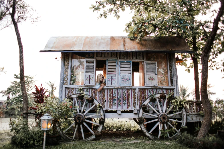 a horse drawn carriage sitting on top of a lush green field, stood outside a wooden cabin, justina blakeney, fully decorated, performing