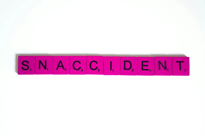 a pink scrabble with the word snacccident on it, by Gavin Hamilton, incoherents, car crash, in the style of john baldessari, acid, accidents