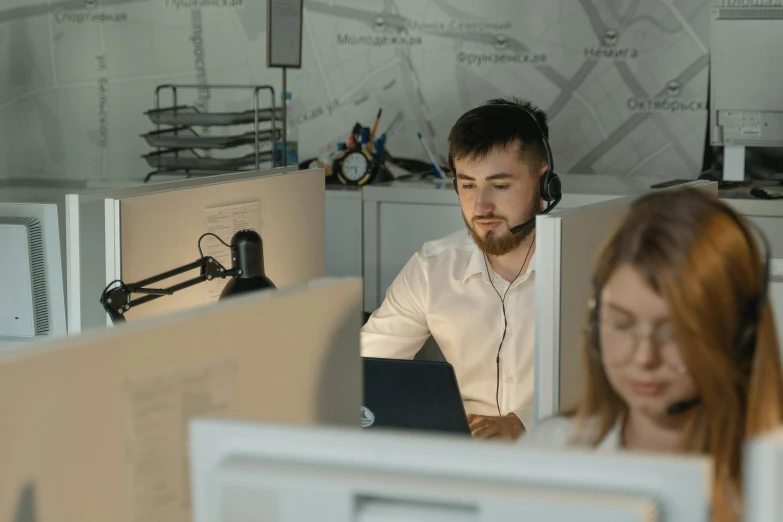 a man and a woman working in a call center, by Adam Marczyński, trending on pexels, hurufiyya, kramskoi 4 k, avatar image, ilya golitsyn, low - lighting