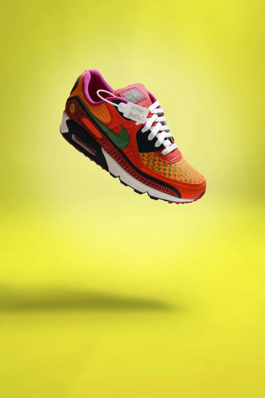 a pair of shoes in the air on a yellow background, inspired by Mike Winkelmann, nike air max, worksafe. instagram photo, hyperdetailed colourful, unga bunga