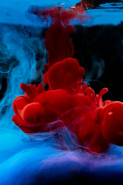 a close up of a red substance in water, an airbrush painting, inspired by Kim Keever, pexels contest winner, bright blue smoke, looking towards camera, jellymeat, high resolution print :1 red