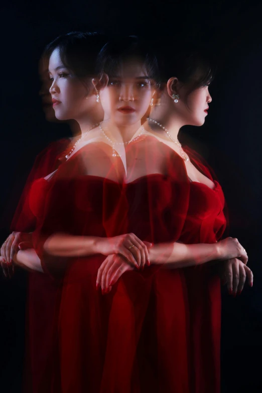 three women in red dresses standing next to each other, inspired by Chiharu Shiota, hyperrealism, 8k artgerm bokeh, mirrored, song hye - kyo, symmetry!! portrait of a woman