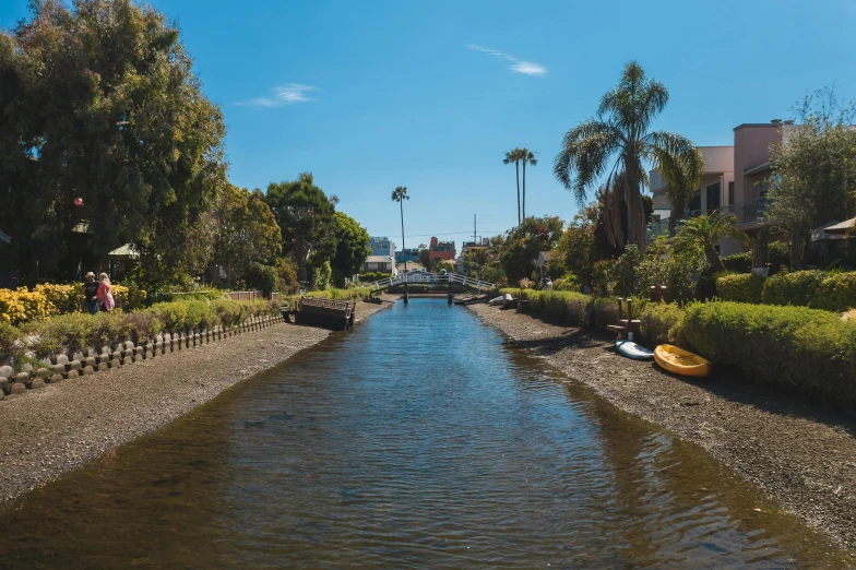 a river running through a lush green forest filled with trees, unsplash, the city of santa barbara, canals, on a sunny day, long beach background