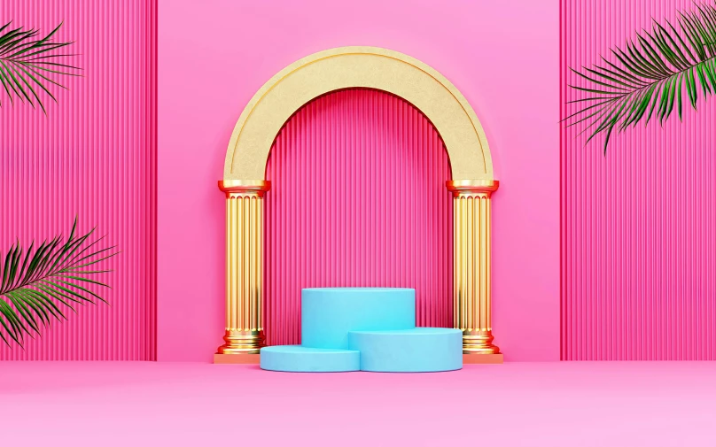 a podium in front of a pink wall with palm leaves, a 3D render, inspired by Mike Winkelmann, trending on unsplash, maximalism, arches adorned pillars, cyan and gold scheme, theatre stage, rendering of beauty pageant
