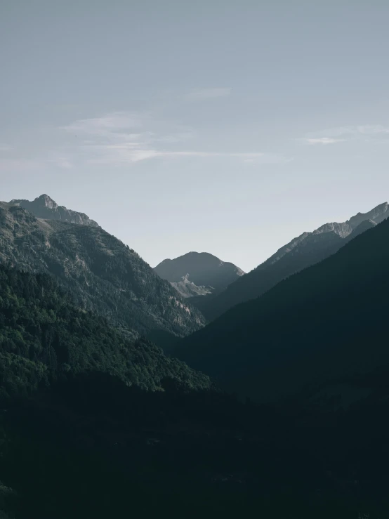 a black and white photo of a mountain range, unsplash contest winner, muted colors. ue 5, lush forest in valley below, italy, slightly pixelated
