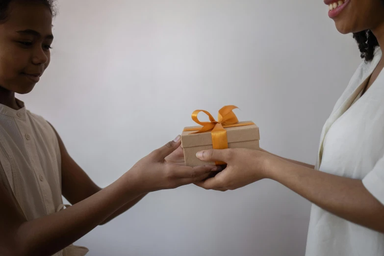 a woman giving a gift to a young girl, by Eden Box, pexels contest winner, renaissance, gray and orange colours, tan, rectangle, simple design