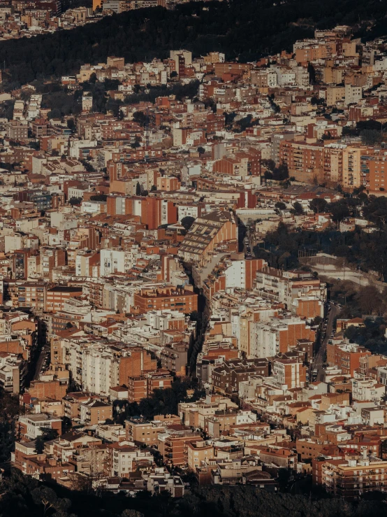 an aerial view of a city with lots of buildings, by Luis Molinari, city on a hillside, background image, brown, up close