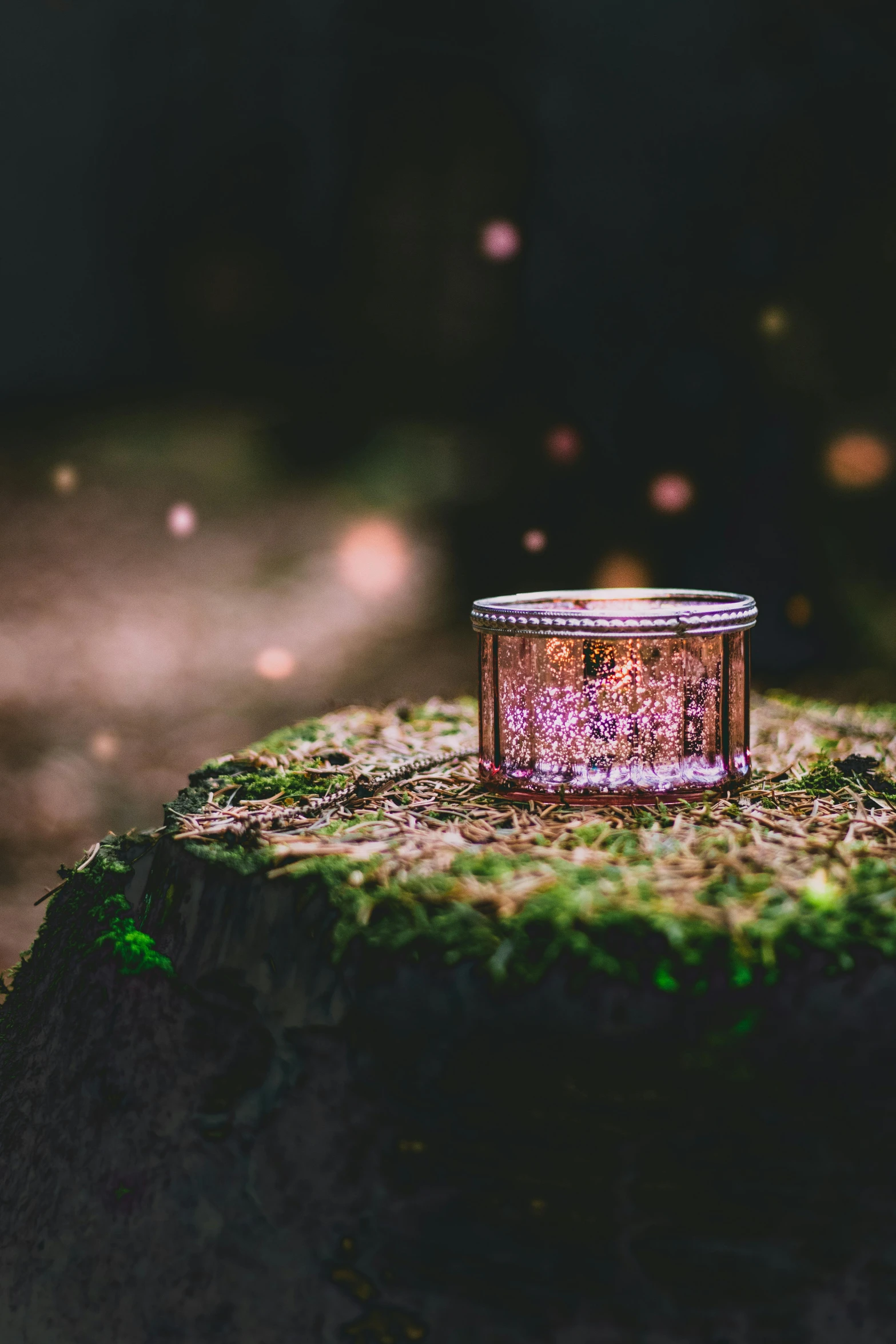 a ring sitting on top of a moss covered tree stump, a hologram, pexels contest winner, glowing jar, lovely bokeh, scattered glowing pink fireflies, glitter gif