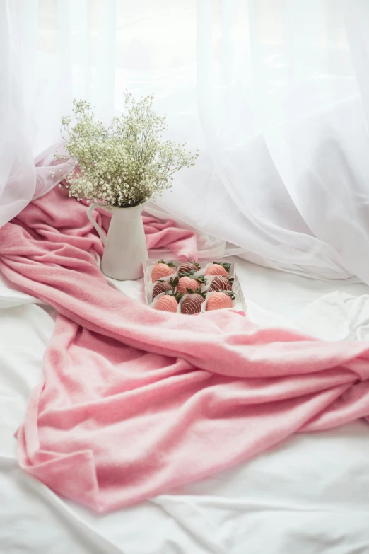 a pink blanket sitting on top of a bed next to a vase of flowers, a picture