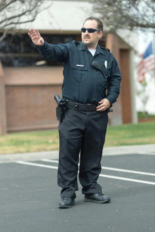 a police officer standing in a parking lot, by Steve Brodner, shrugging arms, lynn skordal, splash image