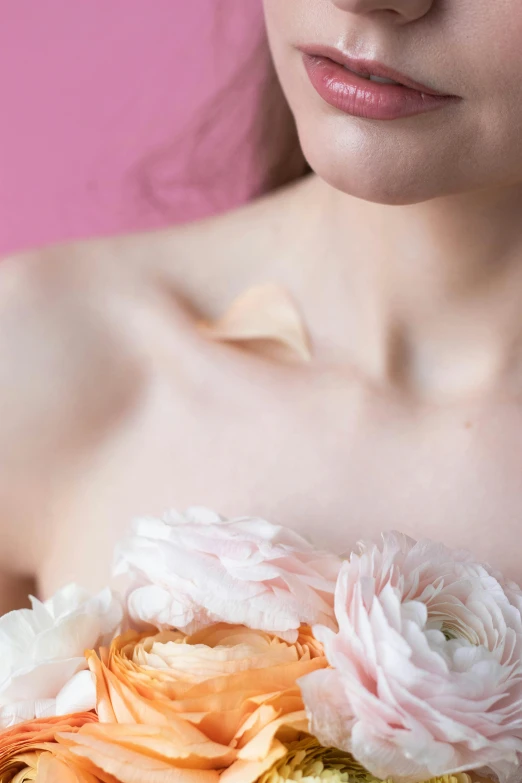 a woman in a wedding dress holding a bouquet of flowers, an album cover, inspired by Cecil Beaton, unsplash, romanticism, close up portrait bust of woman, covered in pink flesh, pose 4 of 1 6, made of silk paper