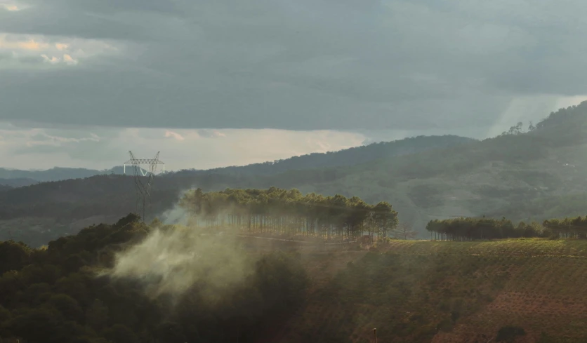 a train traveling down a train track next to a lush green hillside, by Elsa Bleda, renaissance, tear gas and smoke, arrendajo in avila pinewood, under a gray foggy sky, shafts of sunlight in the centre