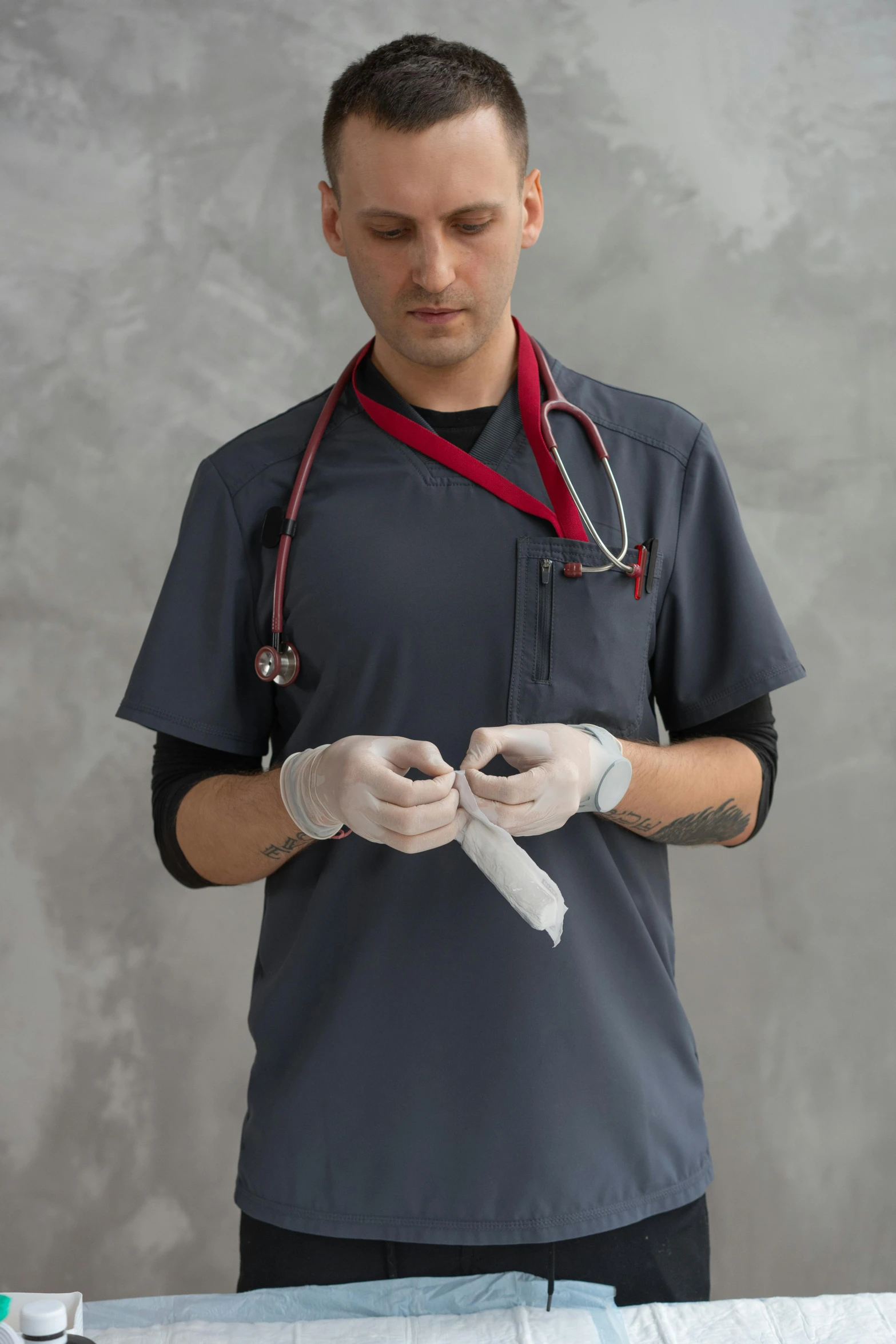 a man with a stethoscope in his hand, trending on reddit, ripped fabric, wearing gloves, promo image, inspect in inventory image