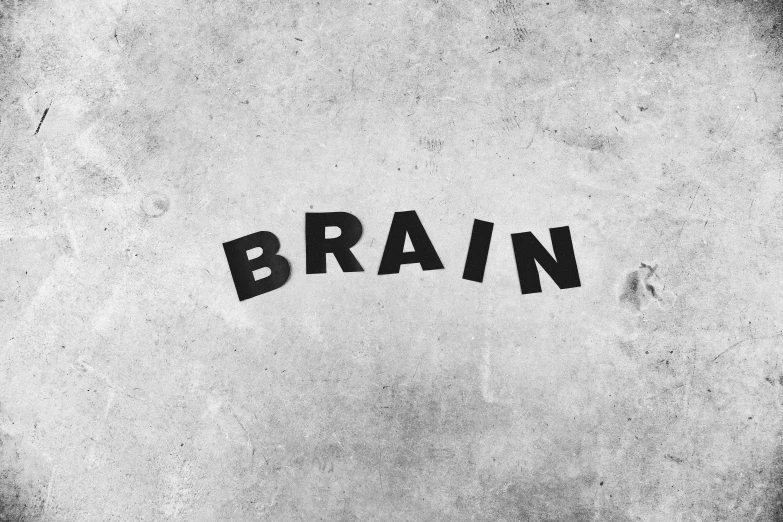 a black and white photo of the word brain, an album cover, unsplash, made of cement and concrete, in the style of john baldessari, 🎨🖌️, concrete poetry