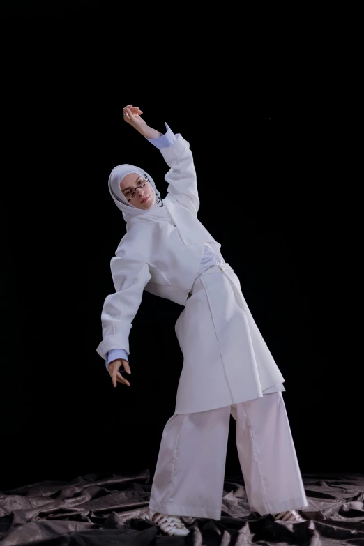 a woman in a white outfit doing a trick, trending on zbrush central, neo-figurative, wearing lab coat and glasses, hijab, pop up parade figure, wearing a hospital gown