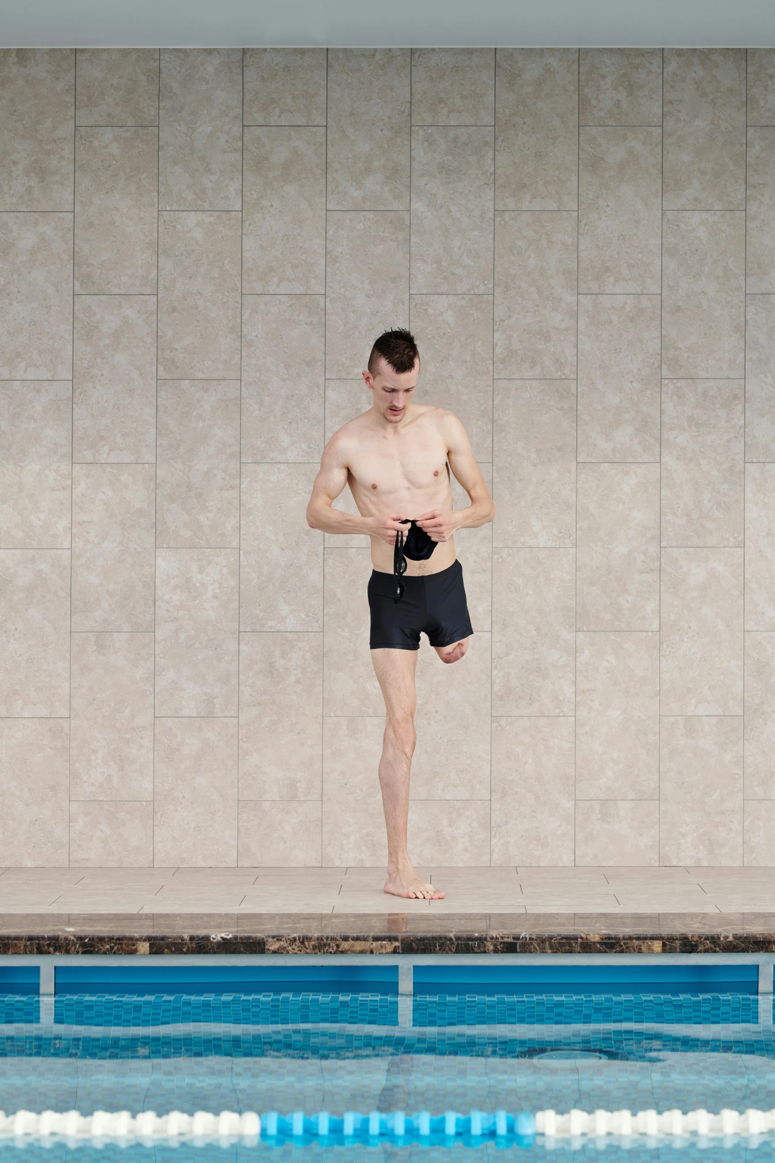 a man standing on the edge of a swimming pool, by James Morris, default pose neutral expression, lunging at camera :4, technical, contorted