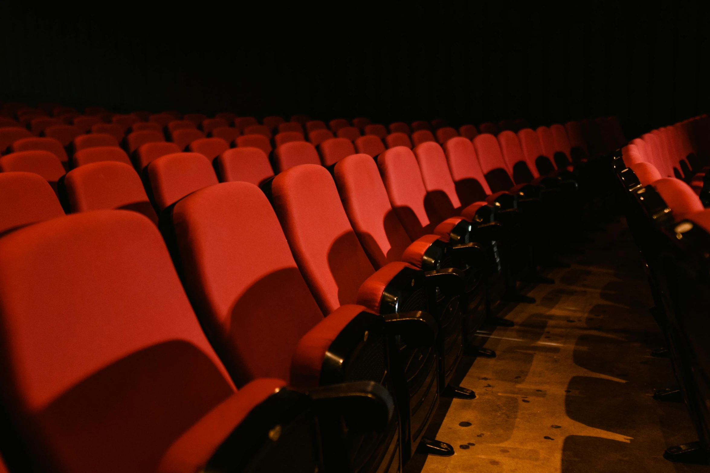 a row of red chairs in a dark room, a portrait, pexels, blockbuster movie, a wooden, indoor picture, profile image