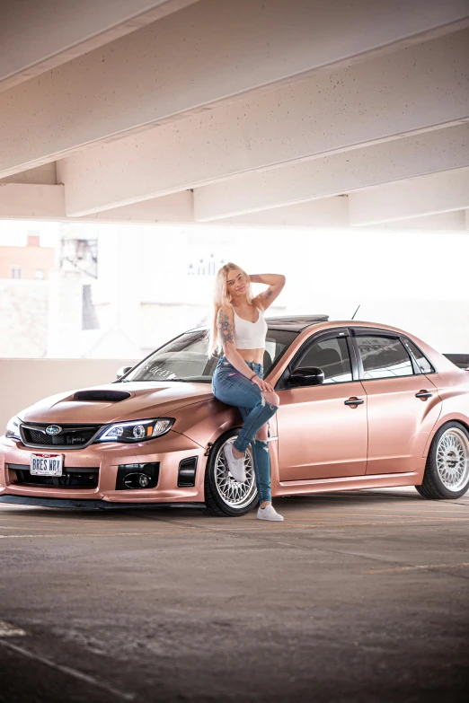 a woman sitting on top of a pink car, inspired by Sydney Carline, featured on reddit, renaissance, wrx golf, brushed rose gold car paint, bronze!! (eos 5ds r, profile picture 1024px