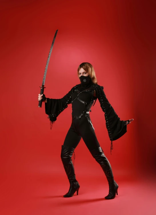 a woman dressed in black holding a sword, shutterstock contest winner, epic ninja suit, pvc poseable, 2019 trending photo, 2995599206