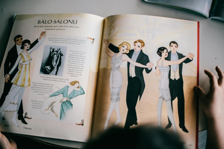 a close up of a person holding an open book, a storybook illustration, by Emma Andijewska, pexels contest winner, art nouveau, charlie chaplin dancing, fashion reference sheet, infographic with illustrations, italian style