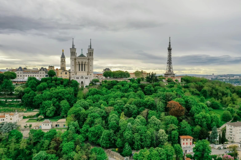 a large castle sitting on top of a lush green hillside, a colorized photo, by Raphaël Collin, pexels contest winner, majestic spires, city buildings on top of trees, gray, panoramic