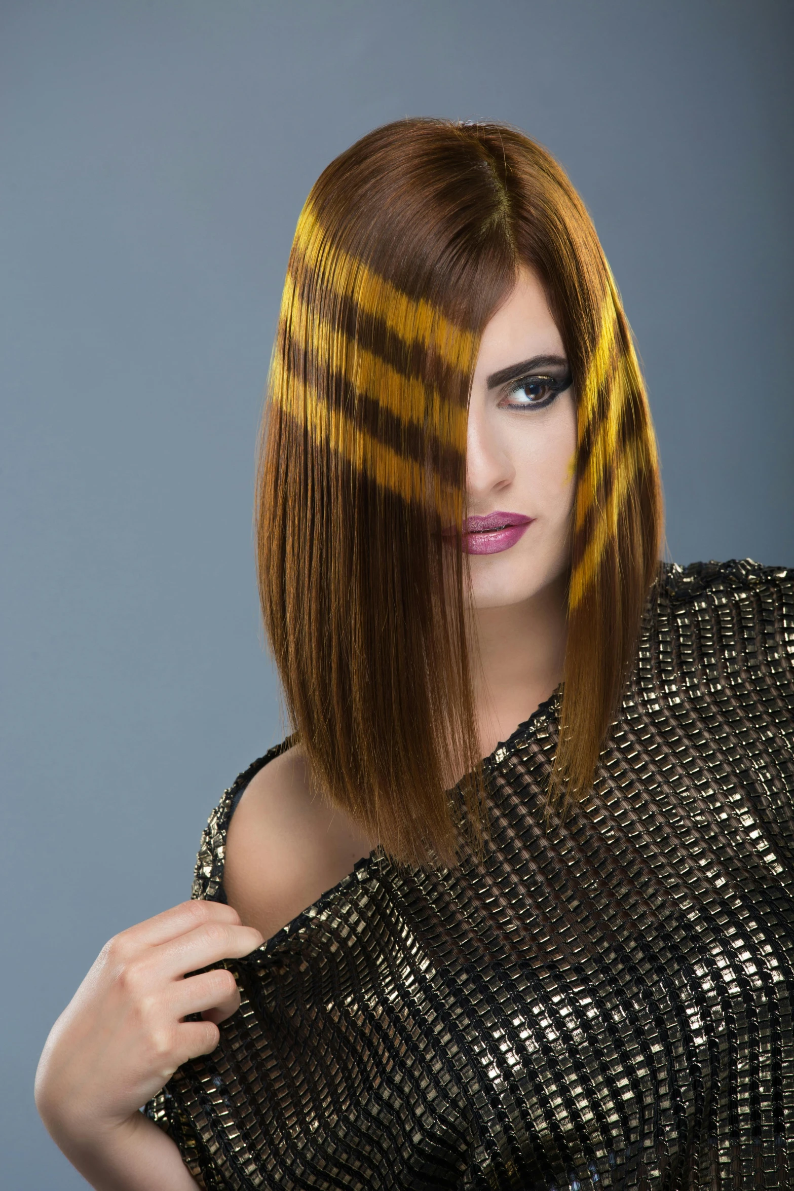 a woman with red hair is posing for a picture, inspired by Antonio Rotta, op art, gold and silver highlights, hairworks, brunette with dyed blonde hair, medium yellow blond hair